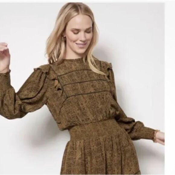 NWT Rails Faren Long Sleeve Ruffle Mini Dress In Sepia Python Size Medium - Picture 5 of 7